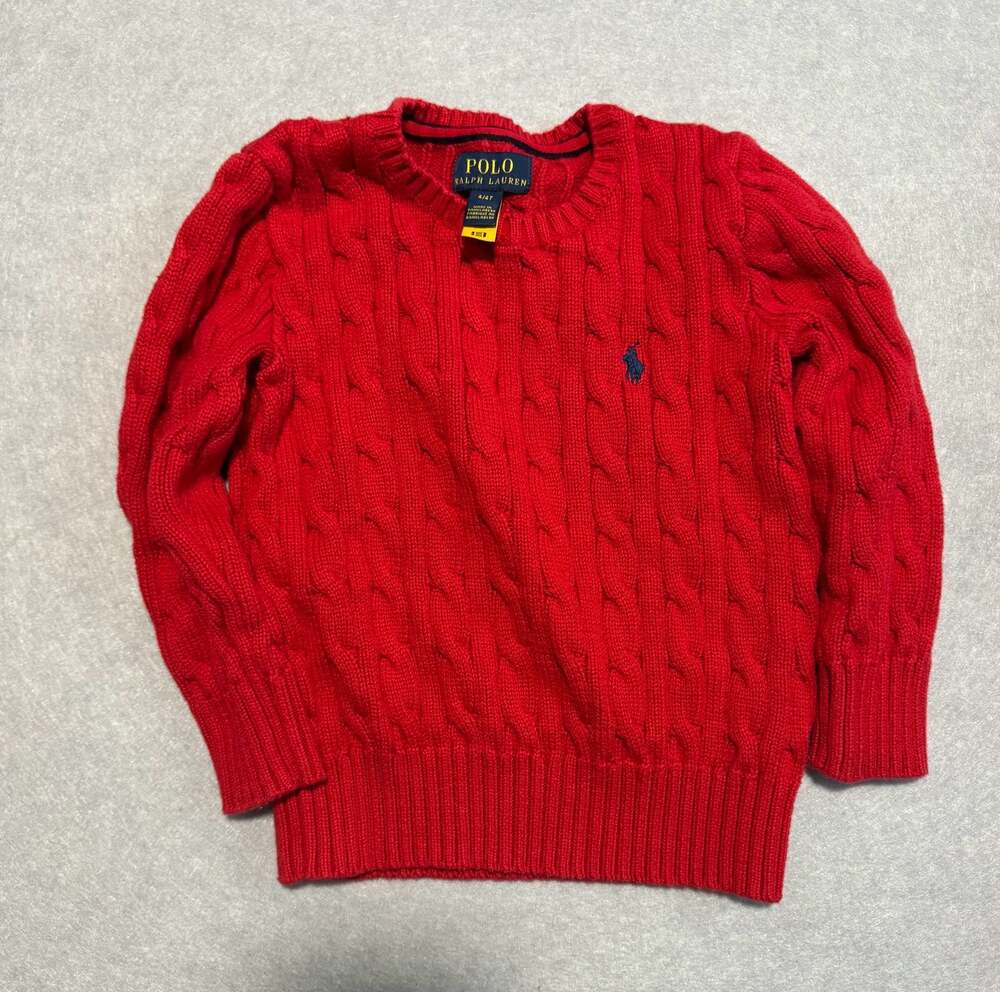 Polo Ralph Lauren Boys Red Cable Knit Crew Neck Sweater Size 4/4T